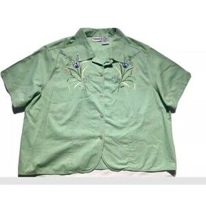 Capacity Woman Top Sz L Green Short Sleeve Embroidered Flowers Tie Back Sash 90s